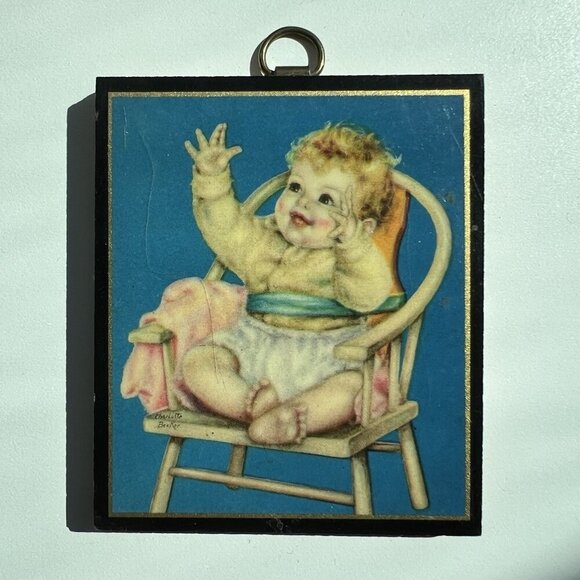Wood Plaque Wall Decor, Charlotte Becker, Baby In Chair, 3.25"x2.75" Vintage - Picture 5 of 12
